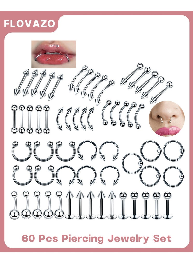 FLOVAZO 60 Pieces Hypoallergenic Body Piercing Jewelry Set - Surgical Steel Ear, Nose, Lip, Eyebrow, Navel & Tongue Piercings - Safe & Stylish Complete Kit for Daily Wear and Gift - Image 1